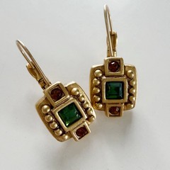 OSCAR DE LA RENTA Leverback Dangle Earrings : Matte Gold, Green + Brown Crystal