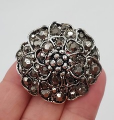 VTG Hollycraft Brooch 1.5in Round Gunmetal Gray Crystal Domed Floral 3D Estate