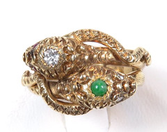 Vintage 14K Rose Gold Double Serpent Ring Diamond Natural Jade & Ruby Eyes Deco