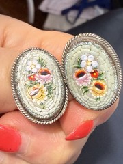 Vintage Pink Green Yellow Micro Mosaic ALP Clip Earrings Flower Shabby Chic