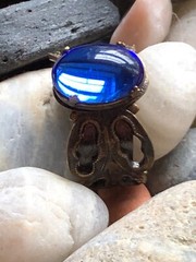 Vtg KIM CRAFTSMAN RING Bright Blue Cabochon Brass Signed Adjustable COCKTAIL