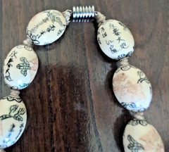 Vintage Asian Calligraphy and Floral Motif Oval Porcelain Bead Necklace 28 inch