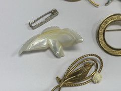 Vintage Estate 36pc Jewelry Lot Brooches Pins Celluloid Metal Stones Religious