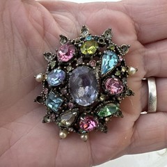 Vintage Rhinestone Brooch Made & Signed By Hollycraft Multicolor Stones Colorful