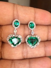 Heart Oval Simulated Emerald Simulated Diamond Halo Dangle Earrings 925 Silver