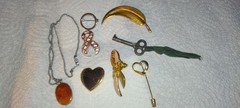 Vintage Lot Of 8 Brooches Pins Necklace Key Etc. 1 Avon And 1 Variety
