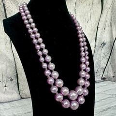 VTG Japan Lavender Purple Double Strand Beaded Necklace Graduated Faux Pearl