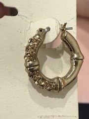 Vintage Monet Signed Gold Bamboo Hoop Earrings with Stones Pierced