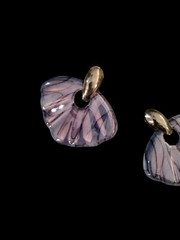 Purple Iridescent Glazed White Ceramic Shell Fan Pierced Earrings Vtg