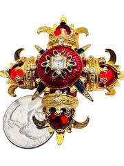 Vintage RJ Graziano Maltese Cross Red Enamel Brooch Pin Gold Tone Blue Baguettes