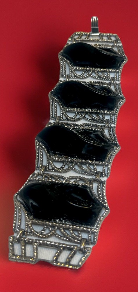 Bracelet Black Cabochon Lucite Silver Tone Link Vtg Whimsygoth Y2K Victorian
