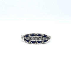 Art Decó 18kt Gold Band Ring With Diamonds and Blue Enamel – 836