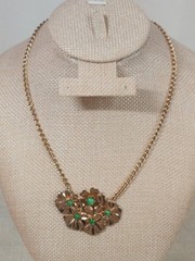 Vintage Gold Tone Floral Necklace Green Faux Jade MCM 1950s 1960s Jewelry Retro