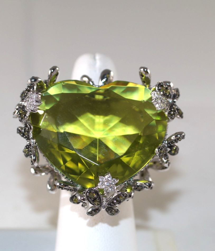 Fab Huge Massive Heart Shaped Faux Green Peridot Cocktail 925 Ring Flowers 7
