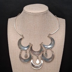 Vintage Alpaca MEXICO Cresent Moon Bib Necklace Abalone And White Enamel. 17.883