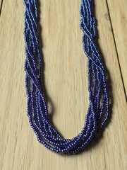 Natural Nepal Glass Seed Bead Multi Strand Necklace. Iridescent Peacock Blue 22″