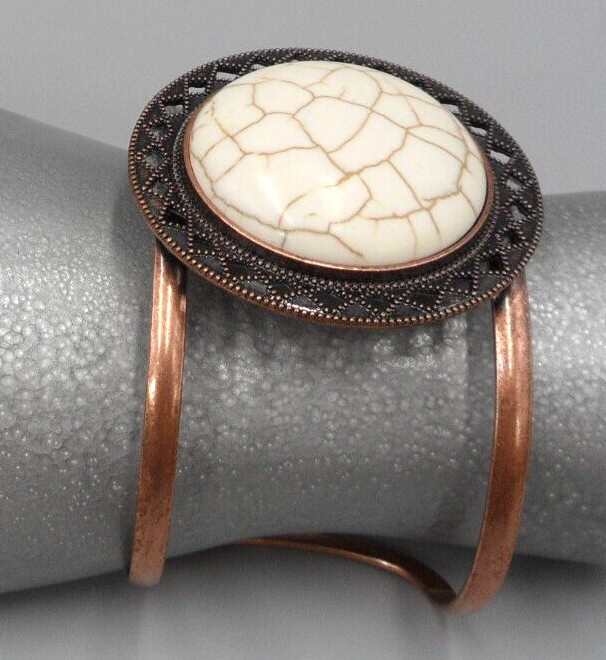 Wide Copper Cuff Bracelet Howlite Gemstone Medallion Shield Rhombus Cutwork