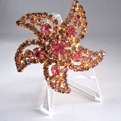 Vintage Pink Smoky Topaz Rhinestone Star/Flower/Starfish Gold Tone Brooch 2 1/4″