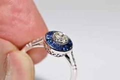 Art Deco Style Round Lab Created Diamond & Sapphire Halo 14K White Gold FN Ring