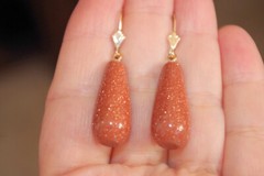 Handmade 14K Carved Large Sunstone Tear Drop Lever back Earrings