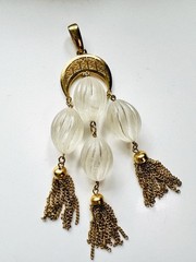 Vintage CROWN TRIFARI PENDANT. Gold Tone Lucite Melons Pendant &Tassels.