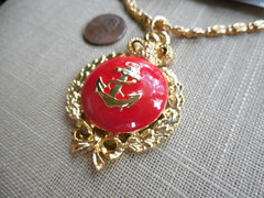 Vintage NOS Quality Nautical red enamel gt Anchor Crown necklace earring set D62