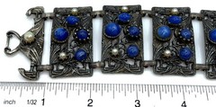 Silver Blue Stone Bracelet Lapis Pearl Vtg Ornate Brutalist Panel Mixed Metals