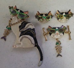 Signed LUNCH AT THE RITZ Kitty Cat Brooch Pin Bracelet and Earrings Vintage Set