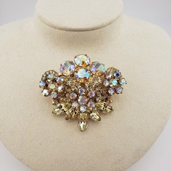 Vintage Rhinestone Brooch Aurora Borealis Yellow Marquise Gold Tone Fan Shape