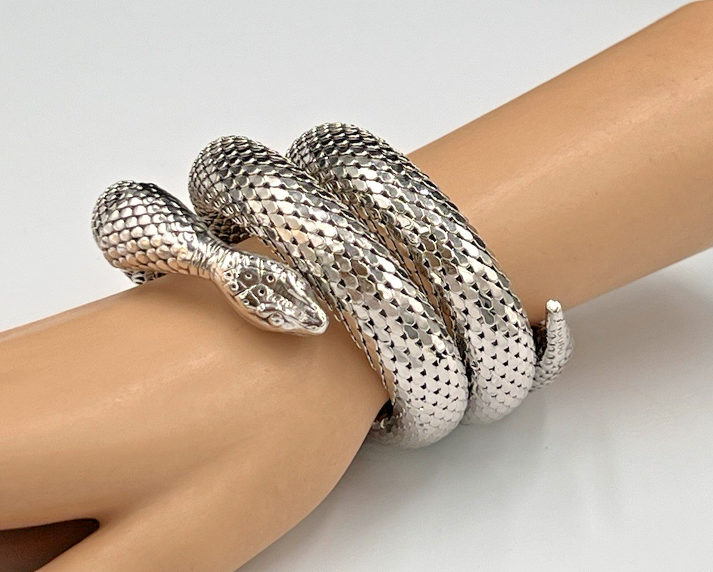 Vtg Whiting & Davis Mesh Snake Bracelet, Triple Coil