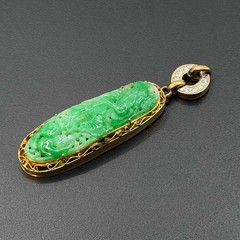 Vtg Chinese Mottled Green Jadeite Pendant w 14K Gold & Diamond Bale (AHB) 405