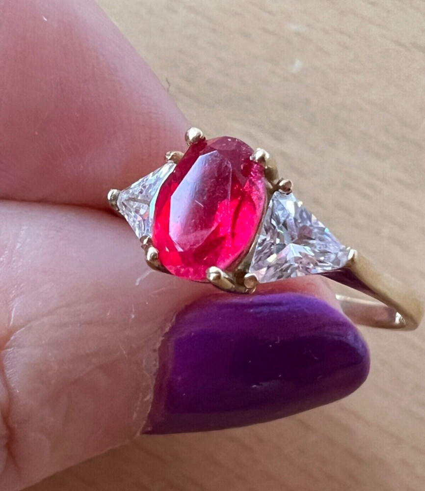VINTAGE SOLID 10K GOLD RUBY RED WHITE CZ CUBIC ZIRCONIA RING ENGAGEMENT WEDDING