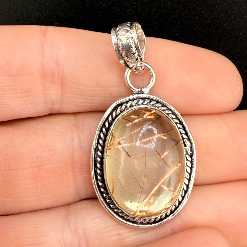 Vintage Rutilated Quartz Pendant Silver Tone Clear Resin and Tinsel