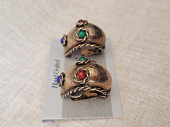 Vtg LES BERNARD Clip Earrings Antiqued Gold Tone Multicolor Rhinestone Cabochons