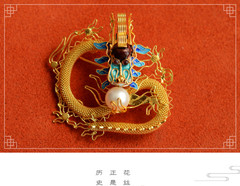 Chinese Cloisonne Brooch Dragon Pearl Filigree Silver Gold Plated Vintage Pin