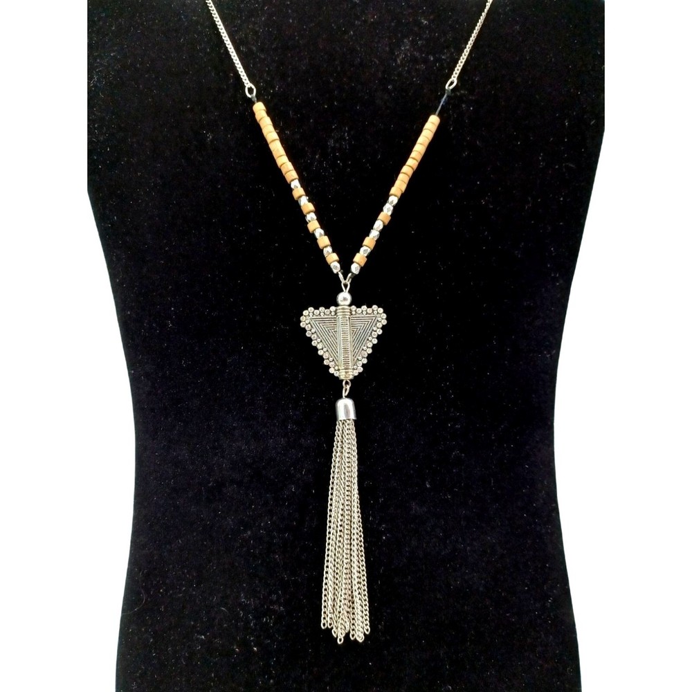 Vtg Wood Beads & Metal Triangle Geometric Pendant w Tassel Silver Chain 17.5″