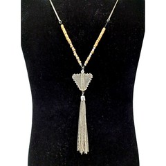 Vtg Wood Beads & Metal Triangle Geometric Pendant w Tassel Silver Chain 17.5″