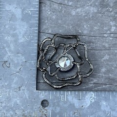 Vintage Violet & Dark Grey Rose Shaped Rhinestone Brooch Pin Purple Silver Tone