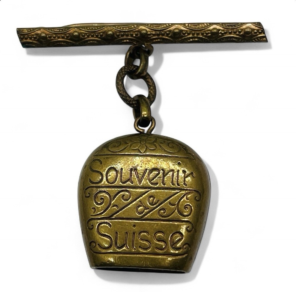 Vintage Souvenir Brass Cowbell C Clasp Brooch Switzerland