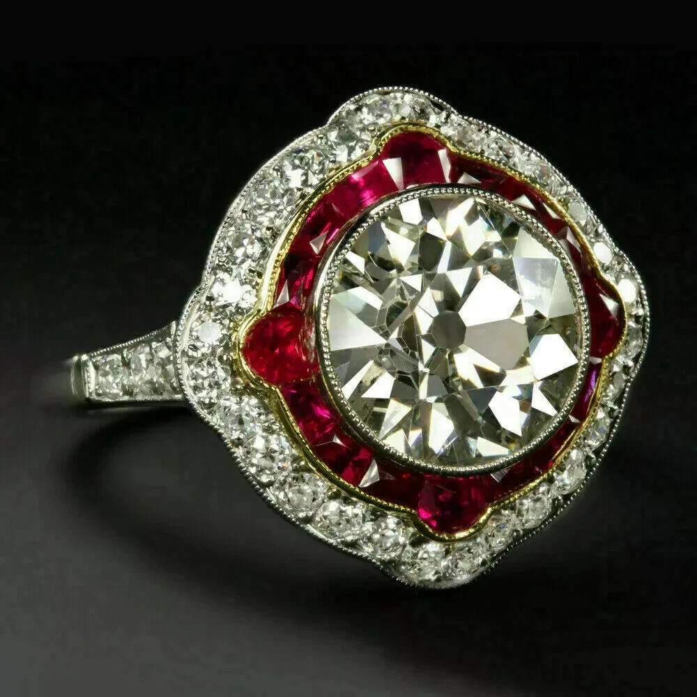 3Ct Art Deco Style Lab Created Diamond & Ruby Engagement 14k White Gold FN Ring