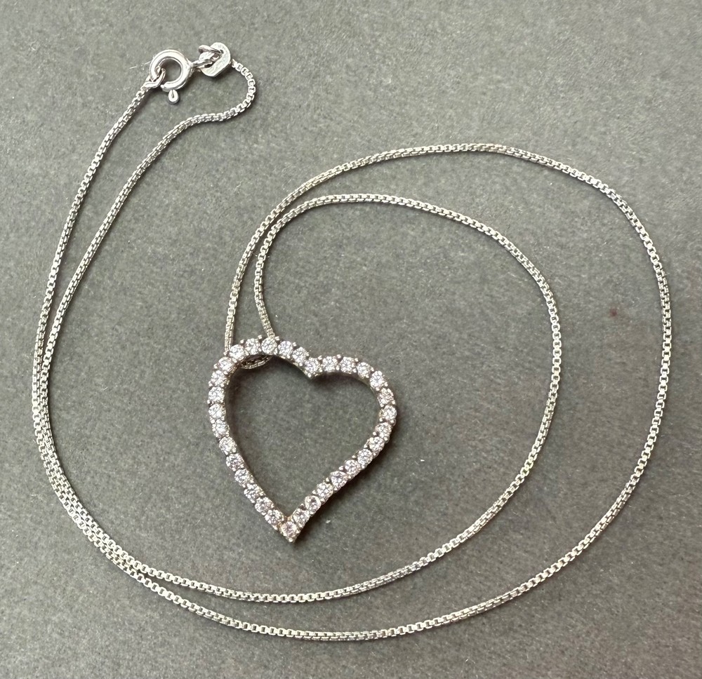 Vintage Sterling Silver CZ Open Heart Slide Pendant with Sterling 18″ Chain