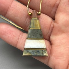 Vintage Stone Inlay Pendant Necklace Banded Onyx Southwest Style Triangle Gold