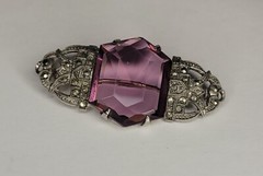 Vintage Marcasite Rhinestones Huge Purple Glass Stone Brooch