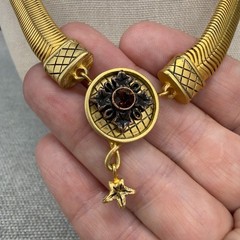 Vintage Necklace Omega Chain Gold Tone Pendant Orange Rhinestone Dangle