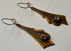 Vintage Art deco style brass with faceted crystal prism charm 1 5/8″ Earrings