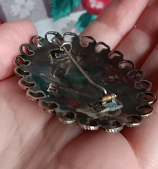 Antique Chinese Brass Turquoise & Coral Oval Brooch