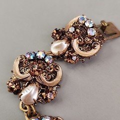 Vintage Rhinestone Bracelet Clip Earrings Set AB Western Germany Filigree Enamel