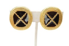 Vintage Clip On Earrings Gold Tone Black Enamel