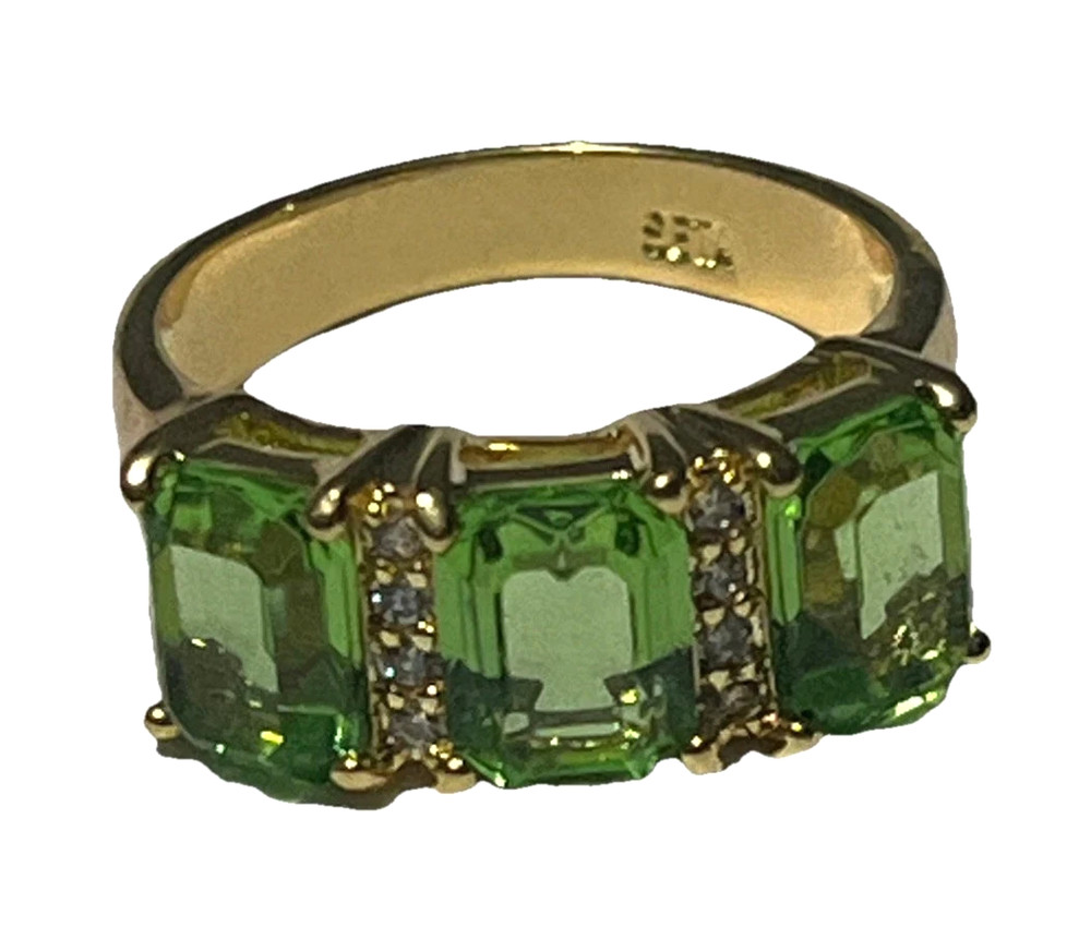 Vintage Signed SETA Gold Plated Crystal & Green Rhinestone Ring Size 8.25
