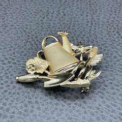 Vintage AJC Brooch Gardening Tools Flowers Watering Can Gold Tone 2 Inch Pin